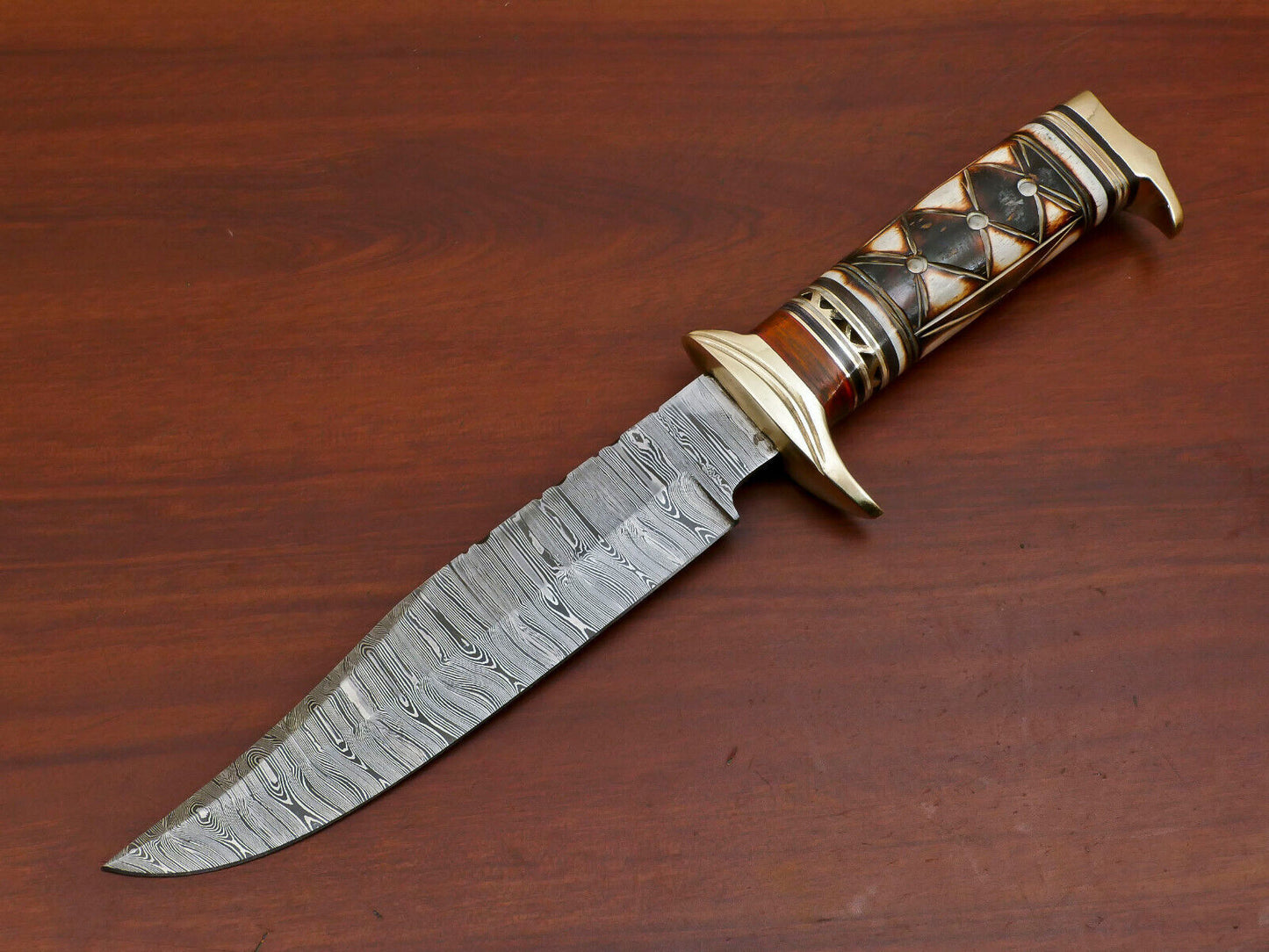 12" Damascus Bowie Knife with Burn Camel Bone & Pakka Wood Handle