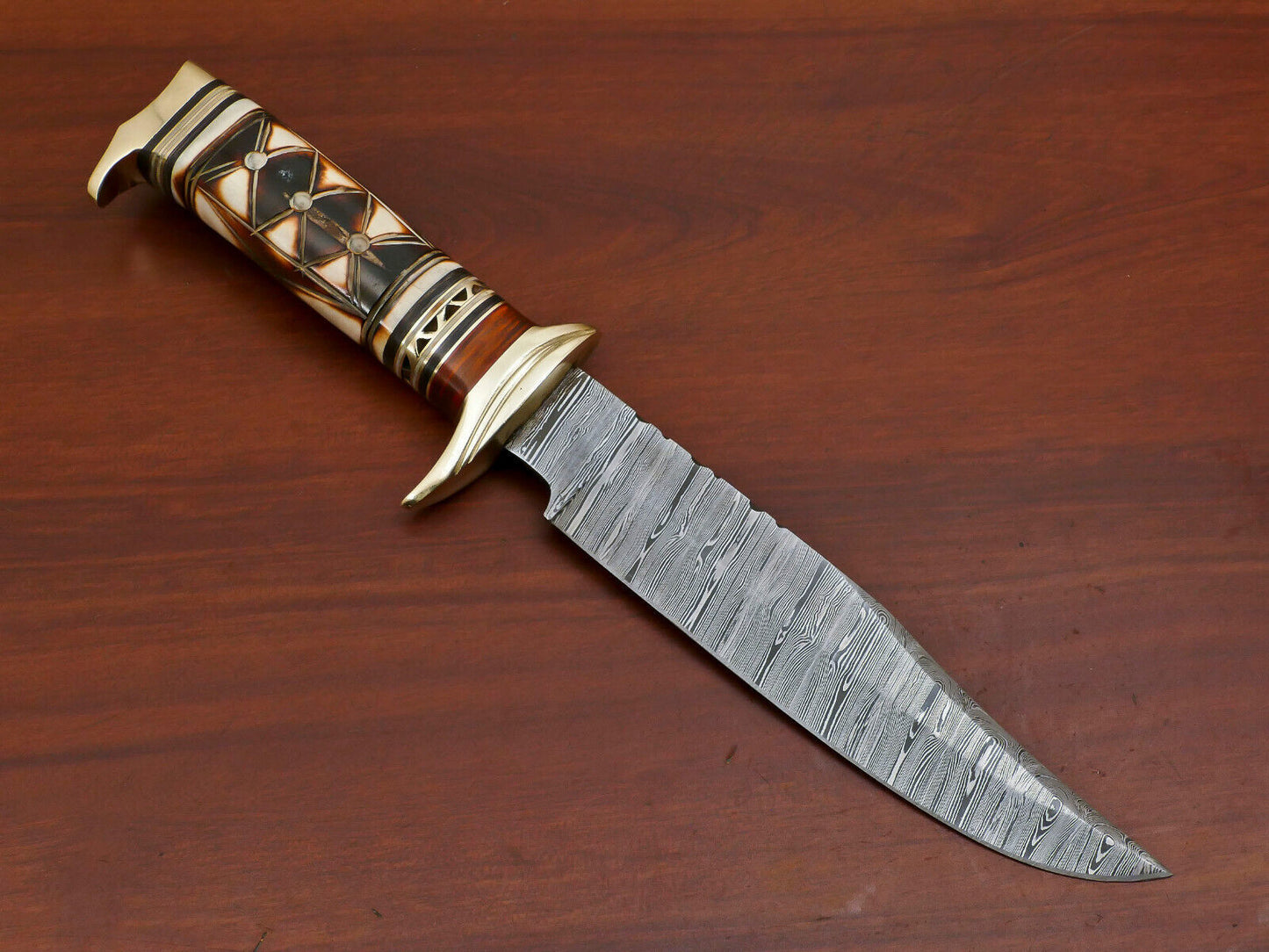 12" Damascus Bowie Knife with Burn Camel Bone & Pakka Wood Handle