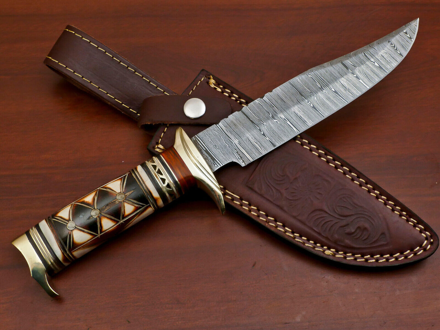 12" Damascus Bowie Knife with Burn Camel Bone & Pakka Wood Handle