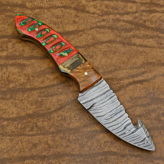 Handmade Damascus Gut Hook Skinner Hunting Knife with Resin and Wood Handle – Custom Fixed Blade Knife