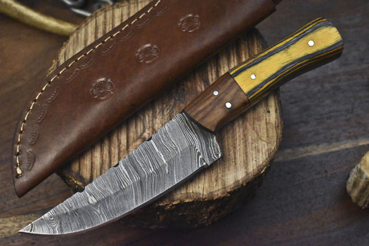 Twist Damascus Skinner Knife with Hard Wood Handle and Wooden Bolster for Fishing