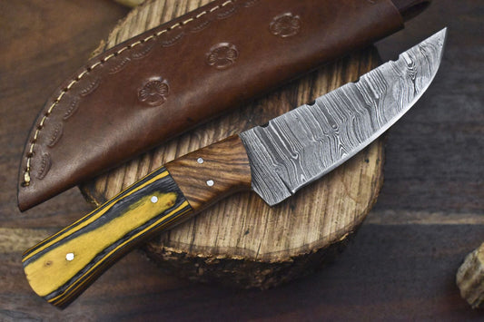 Custom Twist Damascus Skinner Knife with Hardwood Handle and Wooden Bolster for Fishing