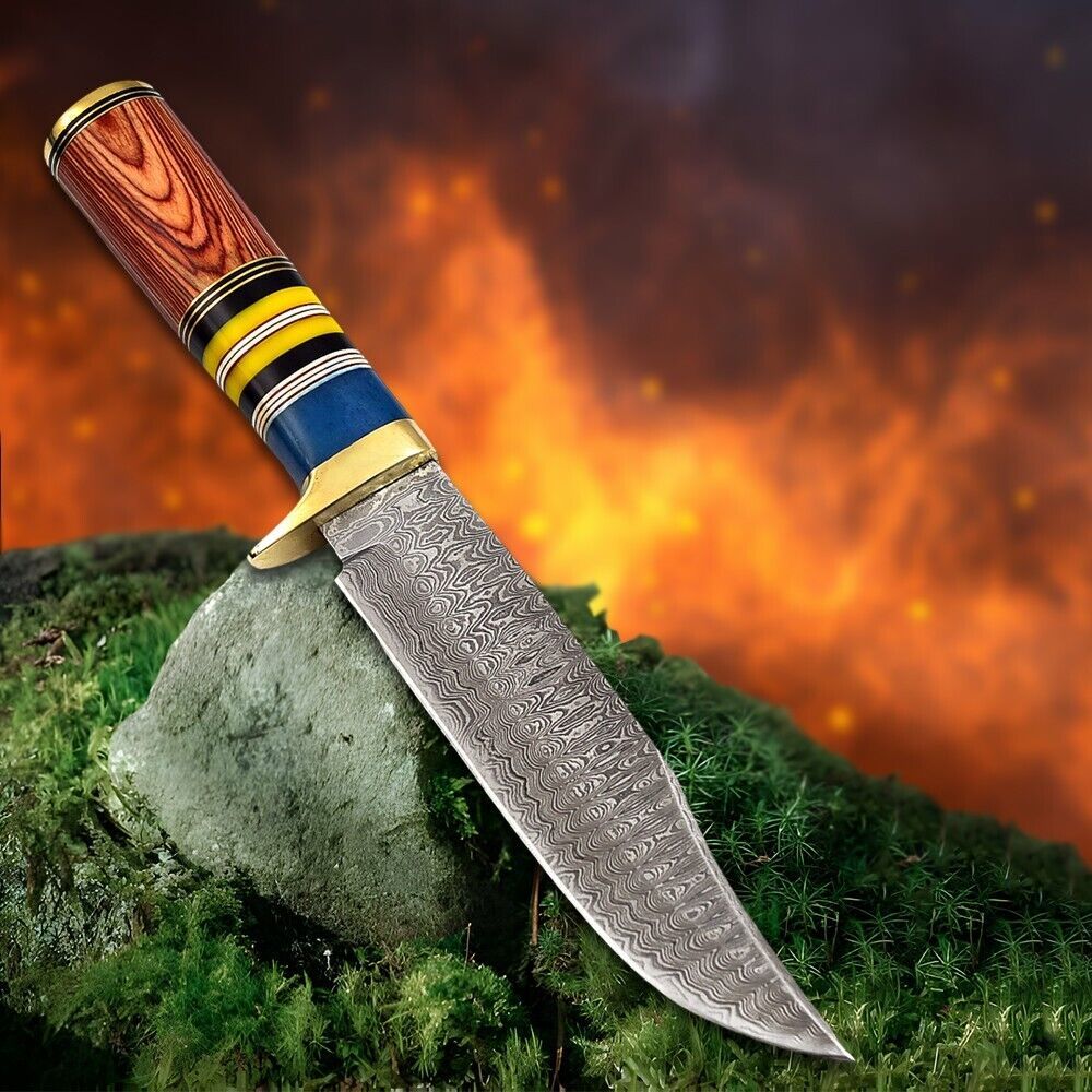 Heritage Forge Damascus Steel Full Tang Bowie Hunting Knife with Wood Handle and Leather Sheath