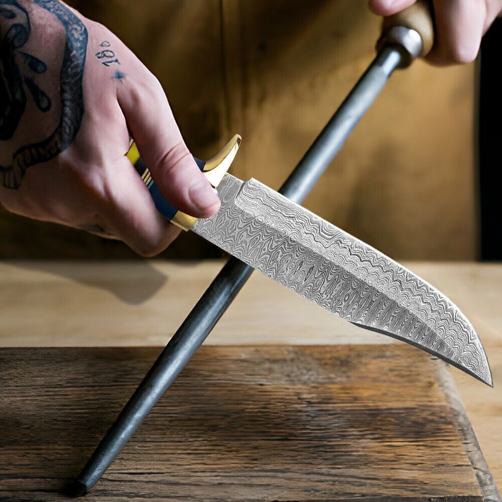 Heritage Forge Damascus Steel Full Tang Bowie Hunting Knife with Wood Handle and Leather Sheath