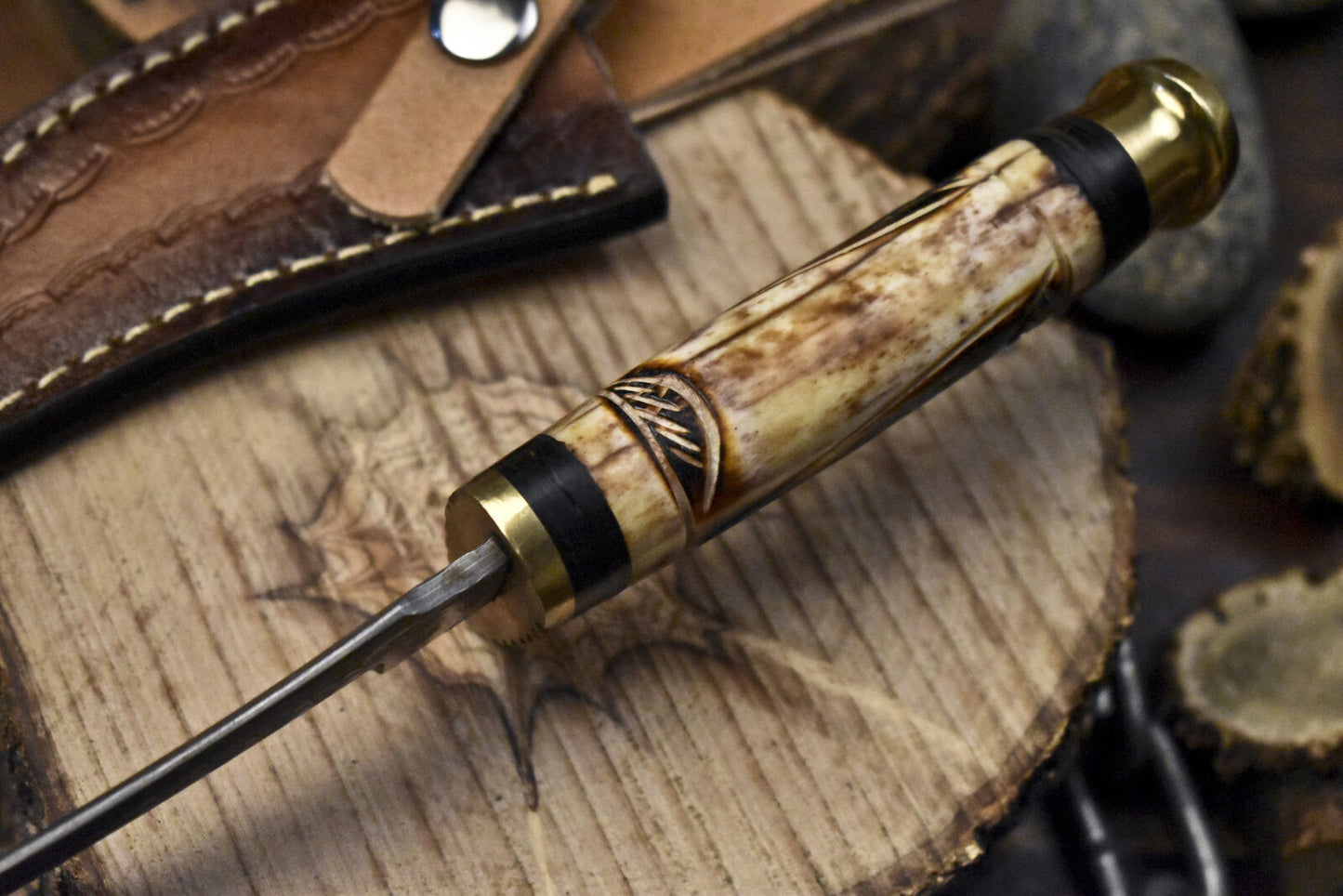 Custom Hunting Skinner Knife Rain Drop Damascus Bone Survival Knife w/ Leather Sheath Handmade Rare