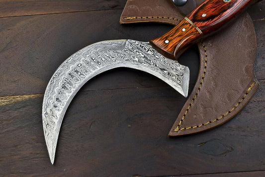 Hand Forged Damascus Steel Hard Wood Hunting Clever Chopper Axe Knife with Leather Sheath