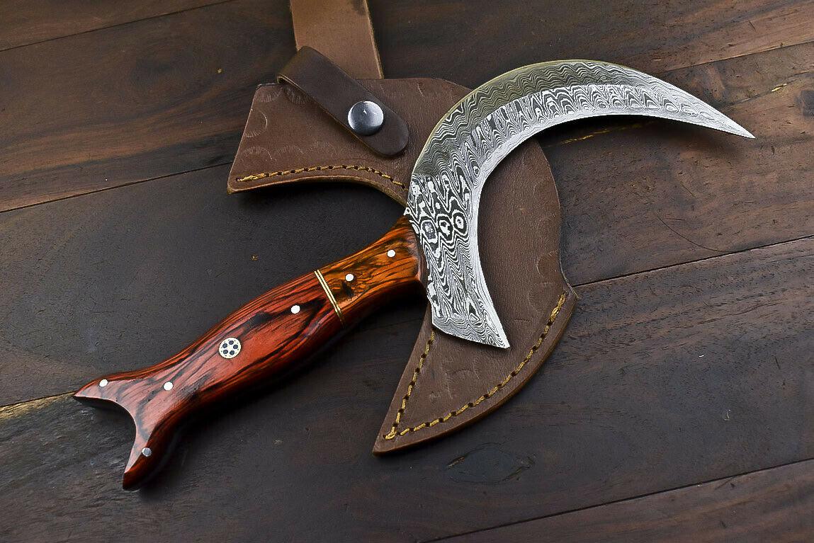 Hand Forged Damascus Steel Hard Wood Hunting Clever Chopper Axe Knife with Leather Sheath