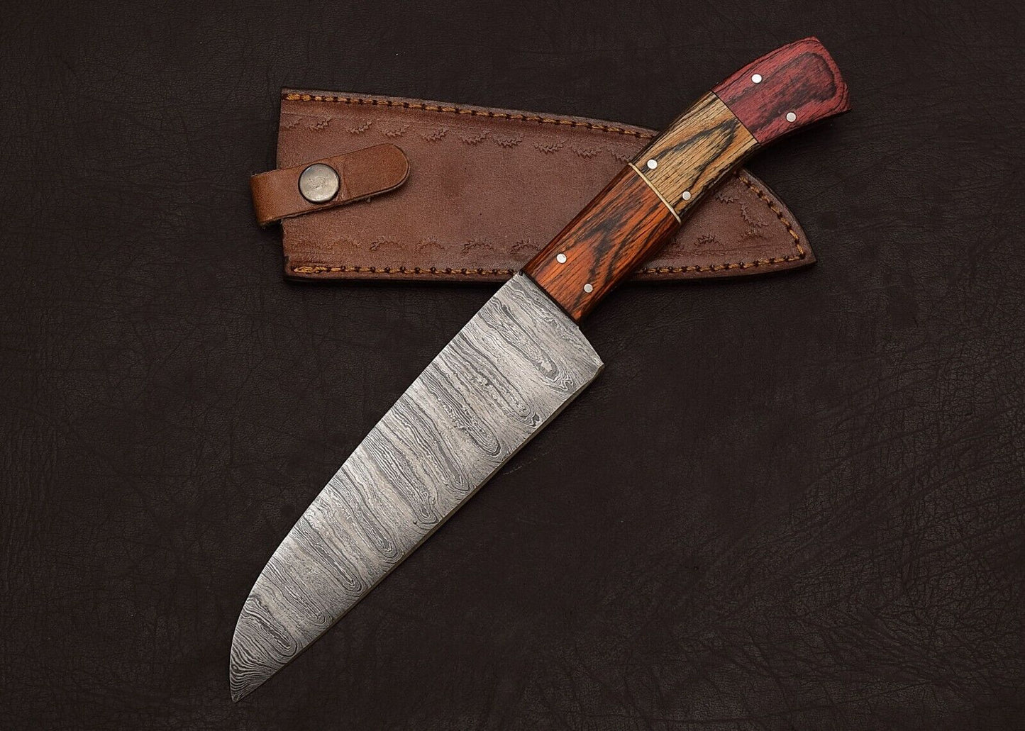 Premium Handmade Damascus Steel Kitchen Chef Fillet Knife with Pakka Wood Handle & Leather Sheath