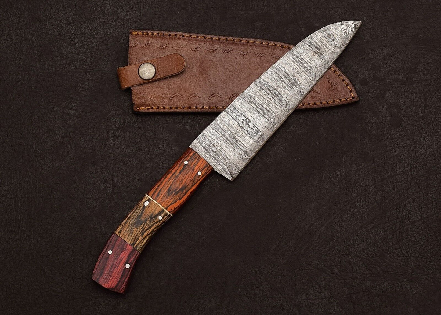 Premium Handmade Damascus Steel Kitchen Chef Fillet Knife with Pakka Wood Handle & Leather Sheath