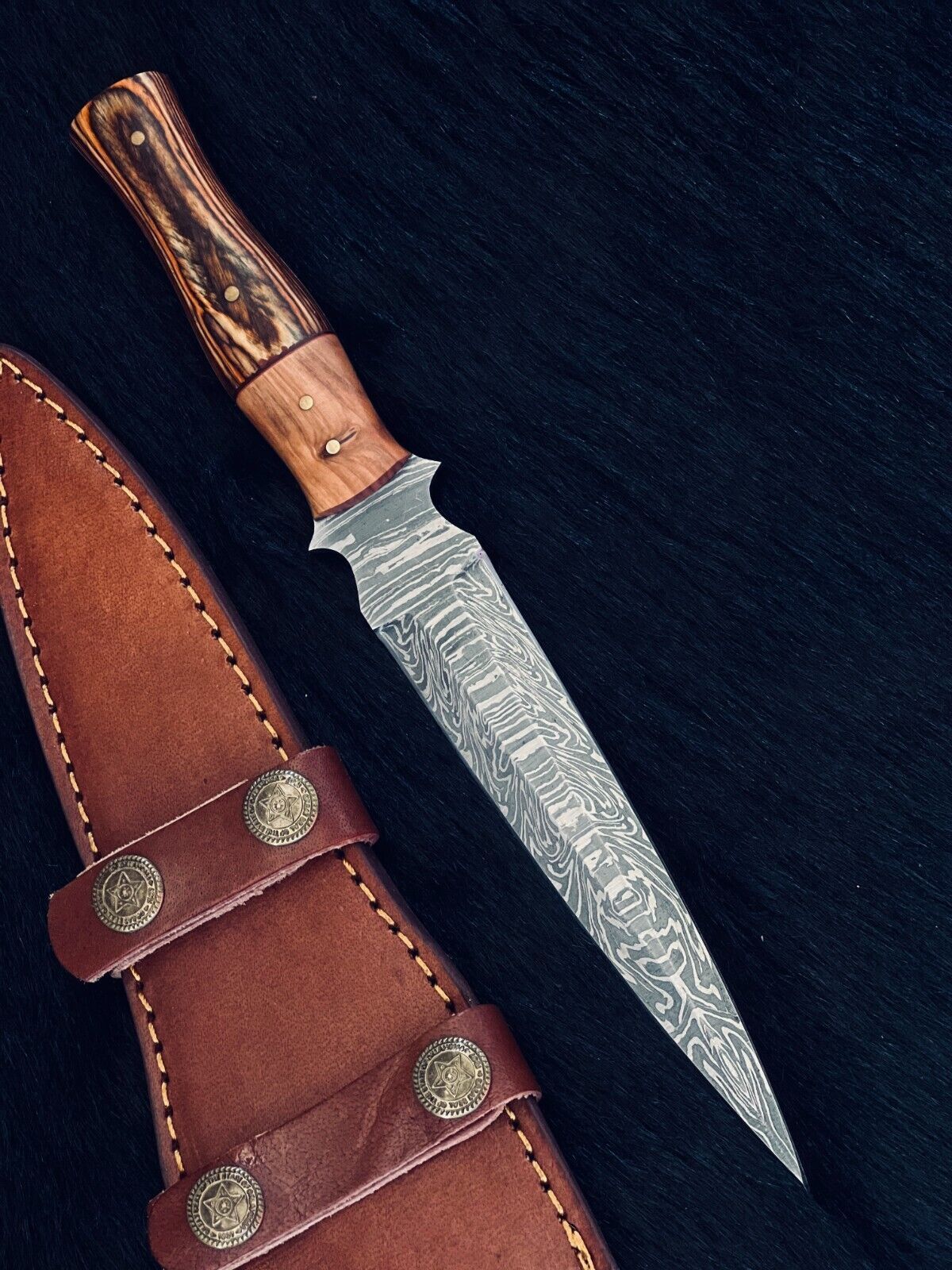 Heritage Forge 10.5 Inch Custom Handmade Fire Damascus Steel Dagger Knife with Camel Bone and Wood Handle