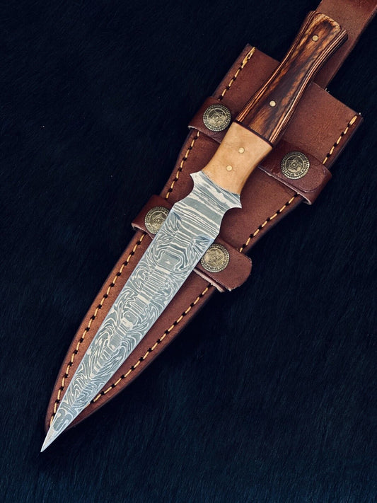 Heritage Forge 10.5 Inch Custom Handmade Fire Damascus Steel Dagger Knife with Camel Bone and Wood Handle
