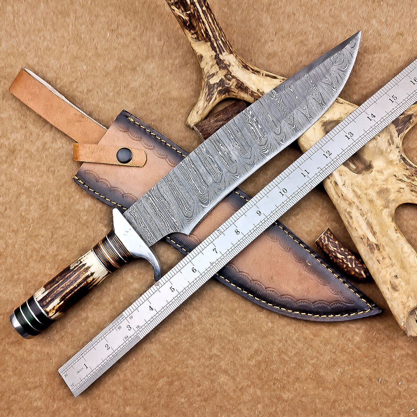 Custom Handmade Damascus Steel Bowie Knife with Stag Antler Handle