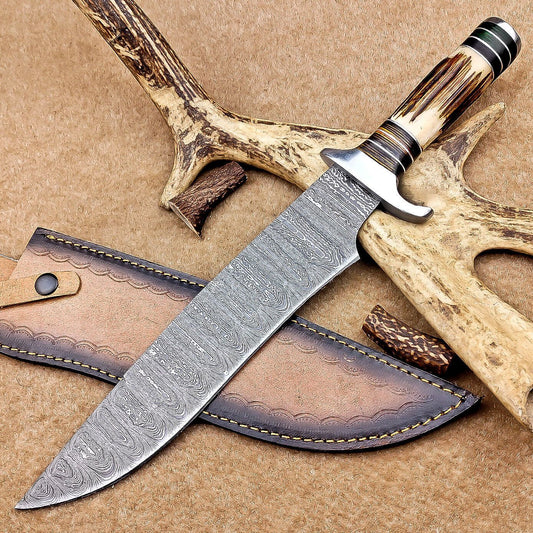 Custom Handmade Damascus Steel Bowie Knife with Stag Antler Handle