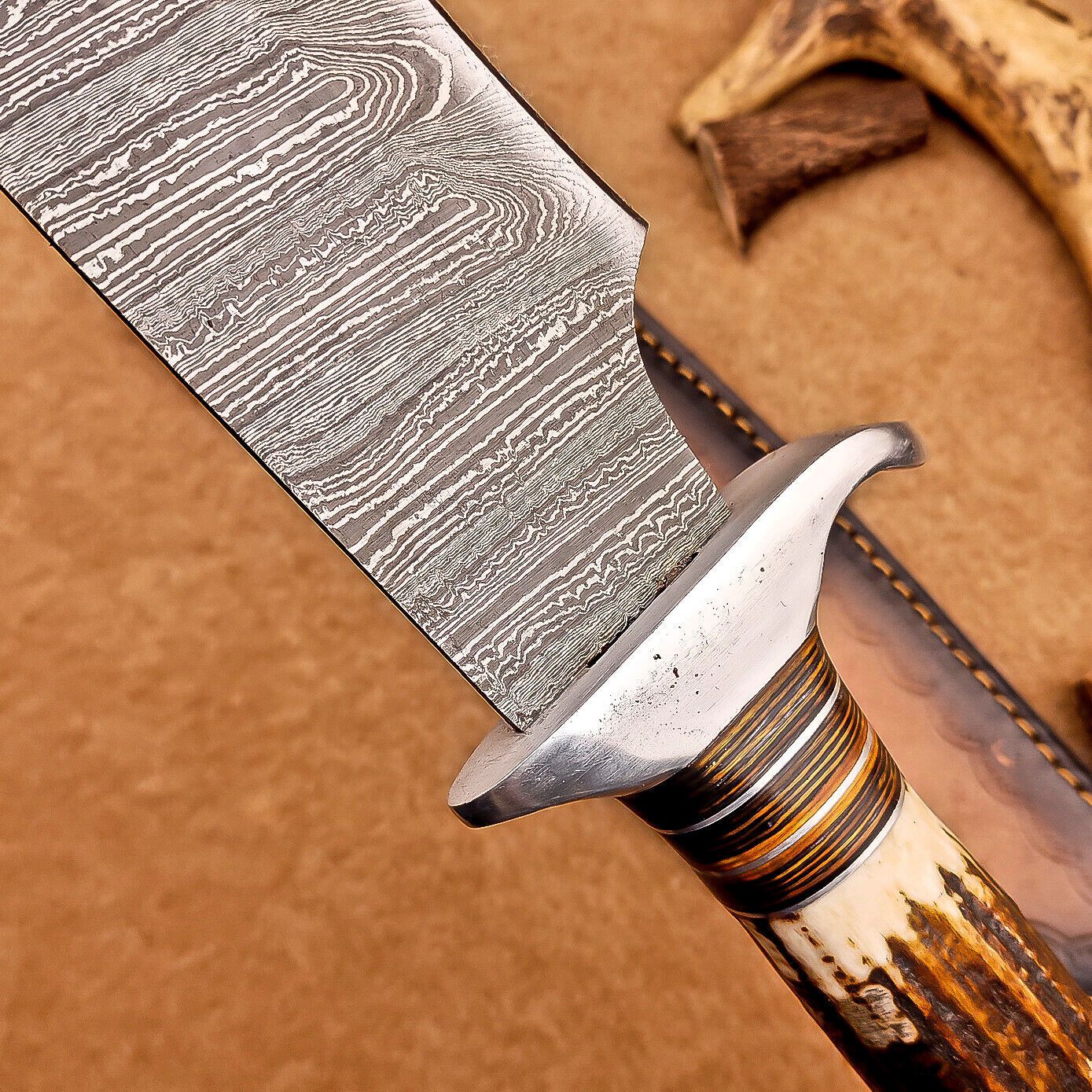 Custom Handmade Damascus Steel Bowie Knife with Stag Antler Handle