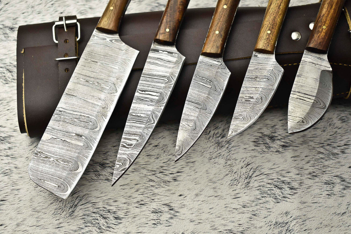 Lot Of 5 Handmade Damascus Blade Chef Set Knife | Leather Bag