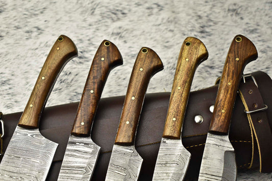 Lot Of 5 Handmade Damascus Blade Chef Set Knife | Leather Bag