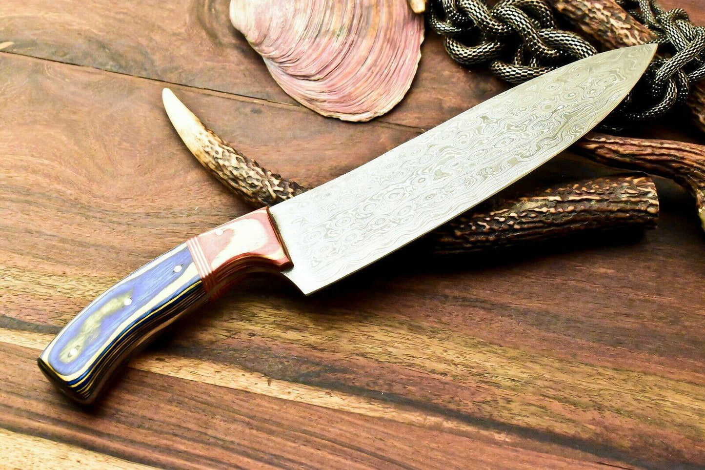 Gorgeous Custom Handmade Damascus Blade Chef Full Tang Knife | Hard Wood Handle