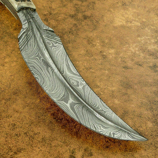 11" Custom Damascus Bowie Knife with Stag Antler Handle – Full Tang Hand Forged Hunting Blade
