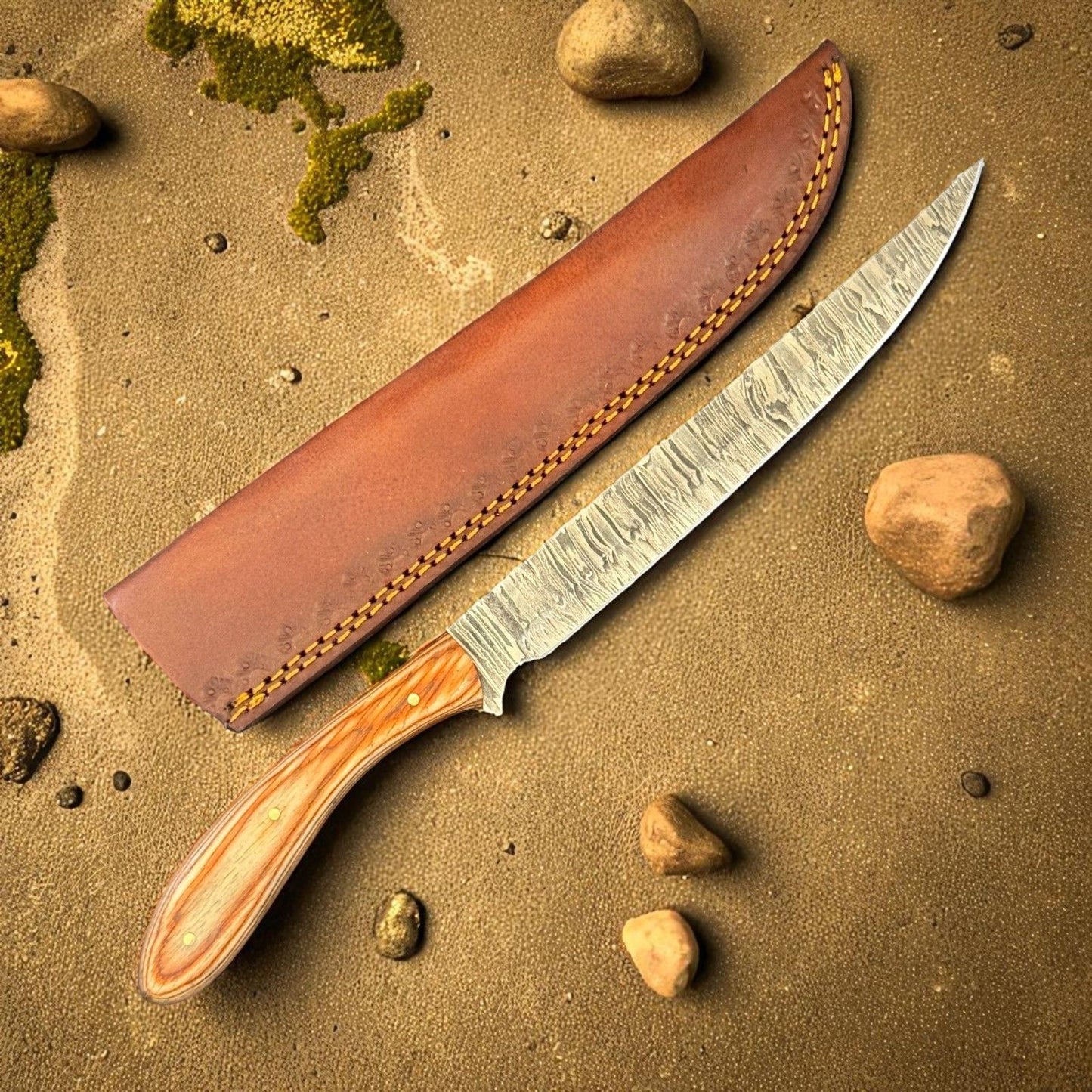 12" Damascus Fillet Knife & Damascus Steel Fillet Knife for Kitchen W/Sheath