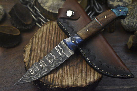 Twist Damascus Skinner Knife Walnut Wood Handle Micarta Bolster Custom Hunting Blade