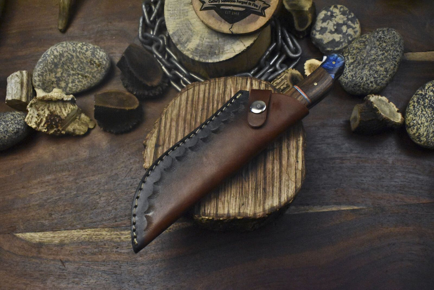 Twist Damascus Skinner Knife Walnut Wood Handle Micarta Bolster Custom Hunting Blade