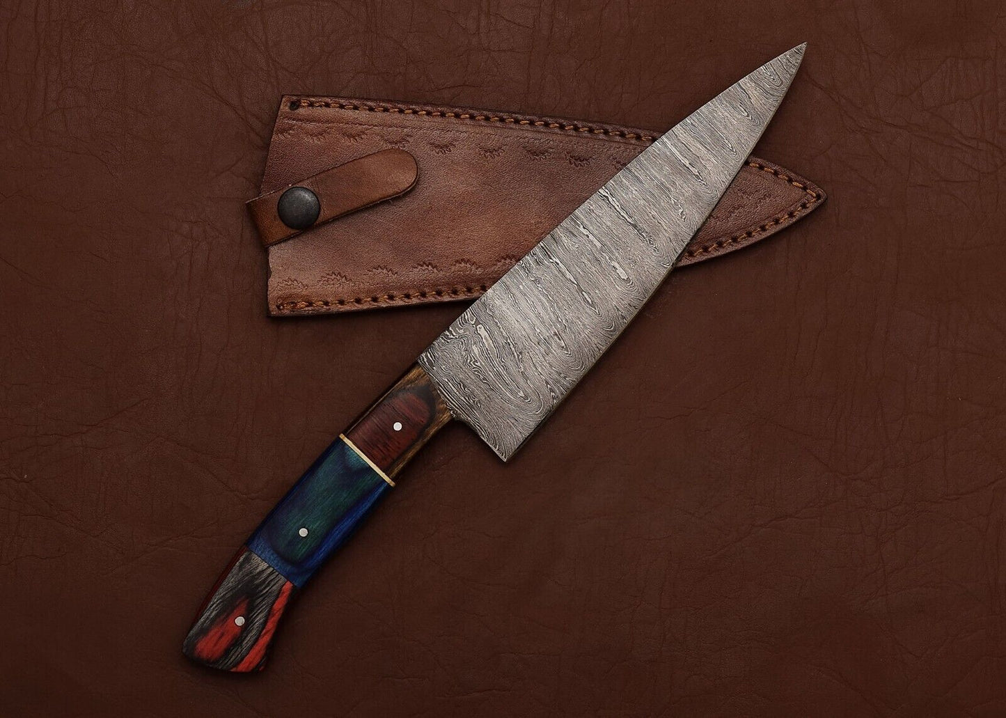 Premium Handmade Damascus Steel Chef Fillet Knife with Pakka Wood Handle & Leather Sheath