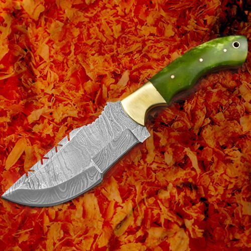 Handmade Damascus Steel Hunting & Camping Tracker Knife | Camel Bone & Brass Handle