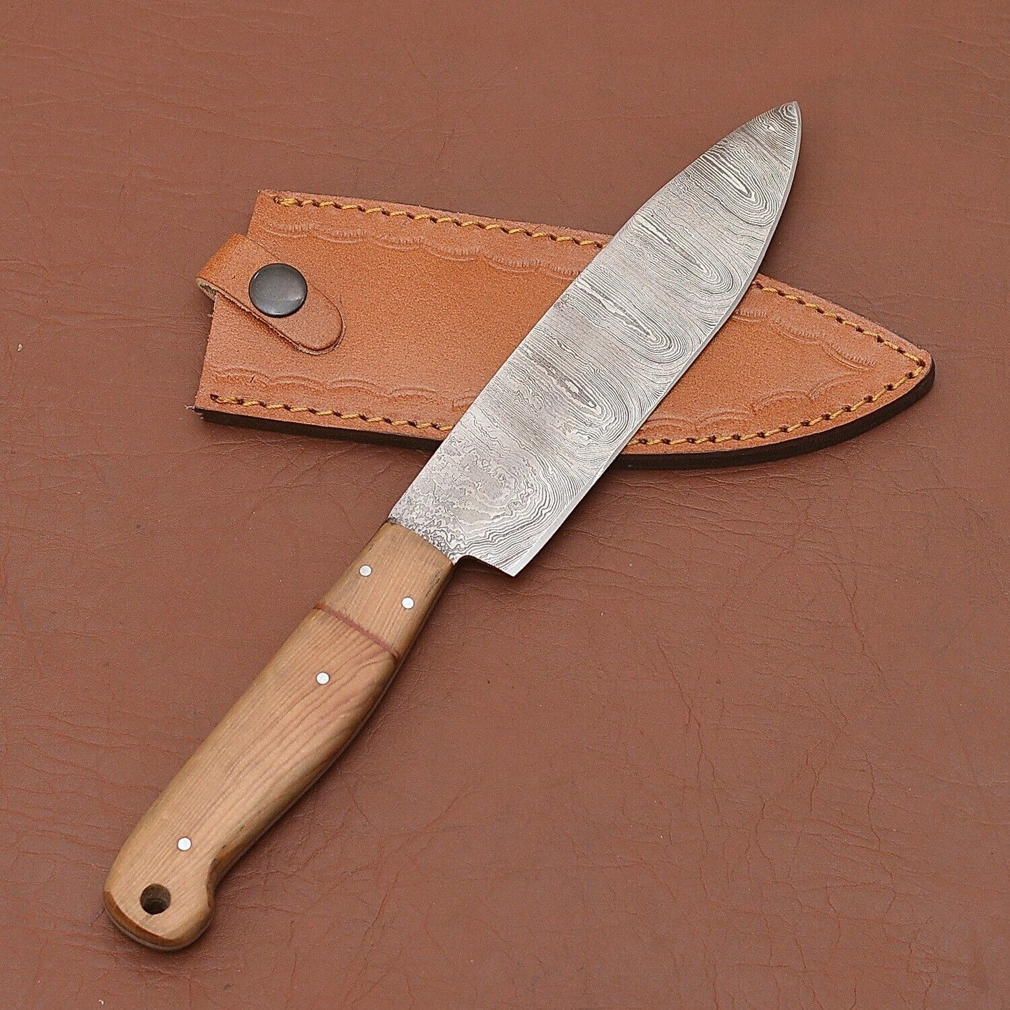 Premium Handmade Damascus Steel Fillet Chef Knife with Pakka Wood Handle & Leather Sheath