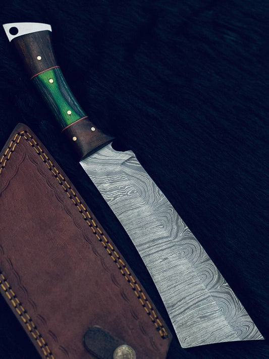 12" Damascus Steel Machete Knife with Camel Bone & Wood Handle – Custom Handmade Hunting Blade