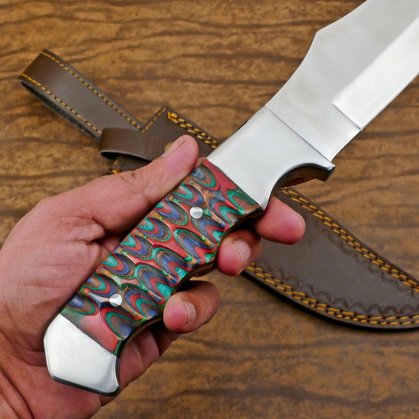 Handmade D2 Steel Large Bowie Hunting Knife with Full Tang Pakka Wood Handle – 12 Inch