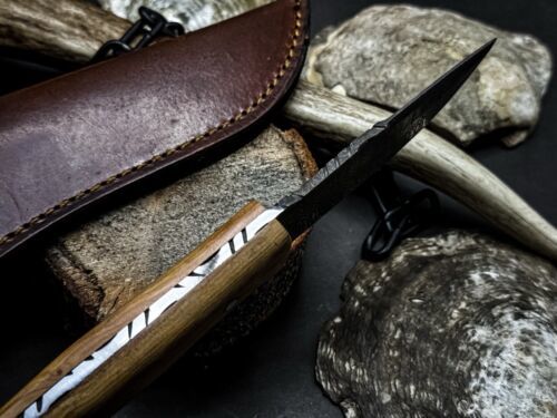 Handmade Damascus Steel Hunting Survival Knife, Wood Handle, Leather Sheath