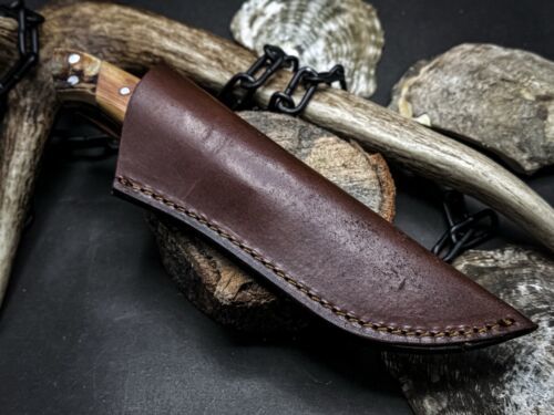 Handmade Damascus Steel Hunting Survival Knife, Wood Handle, Leather Sheath