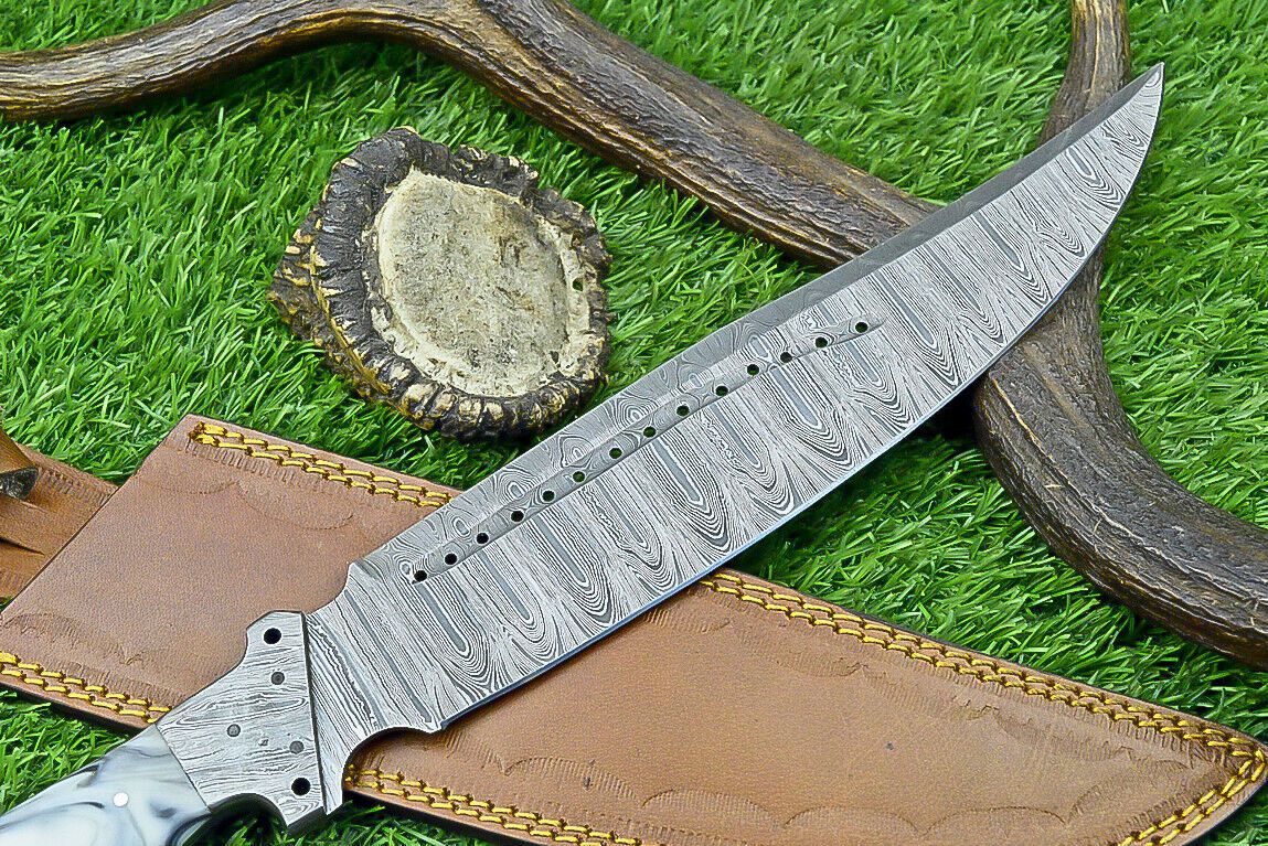 16 Inch Damascus Bowie Knife with Resin Handle and Forged Damascus Bolster for Hunting and Camping