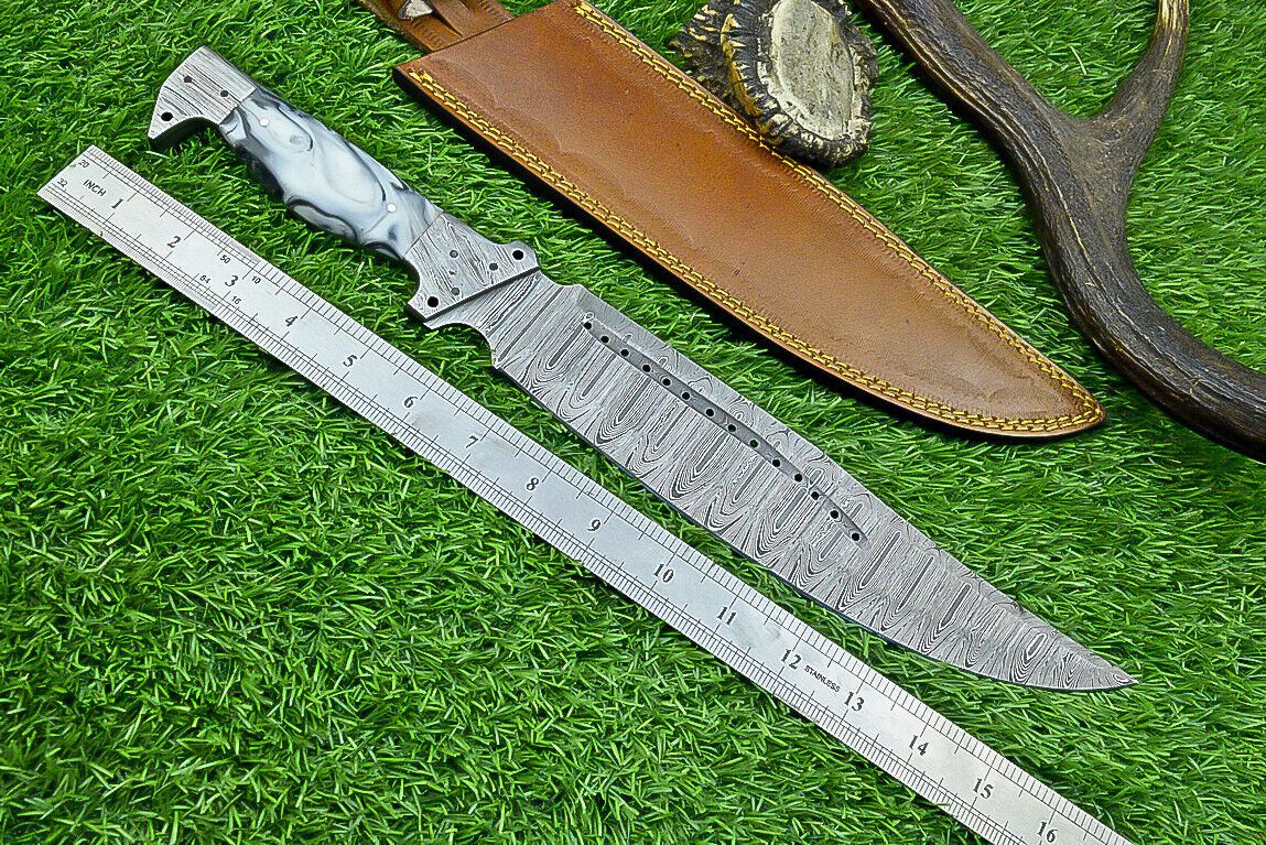 16 Inch Damascus Bowie Knife with Resin Handle and Forged Damascus Bolster for Hunting and Camping