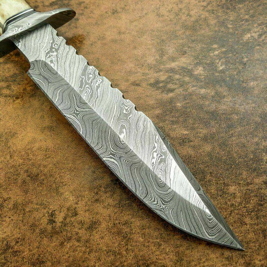 Custom Damascus Bowie Hunting Knife – 15" with Stag Crown Antler Handle & Damascus Guard