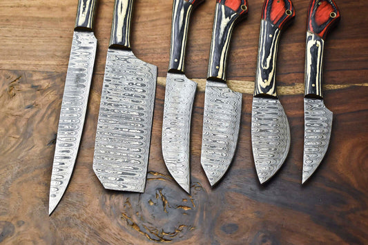 Premium 6-Piece Handmade Hammered Damascus Steel Chef Knife Set – Full Tang Kitchen Knives