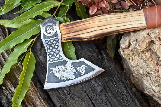 Handmade High Carbon Steel Viking Hatchet Axe | Etched Blade with Leather Wrap