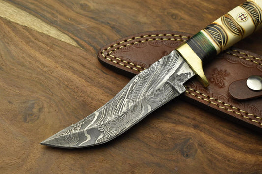 Heritage Forge Damascus Steel Bowie Knife with Camel Bone Handle for Hunting and Survival