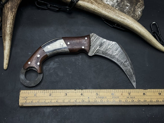 8” Handmade Damascus Karambit Knife Wood Handle Damascus Steel Karambit