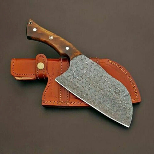 Handmade Damascus Cleaver Knife – Razor-Sharp Serbian Chef’s Butcher Knife