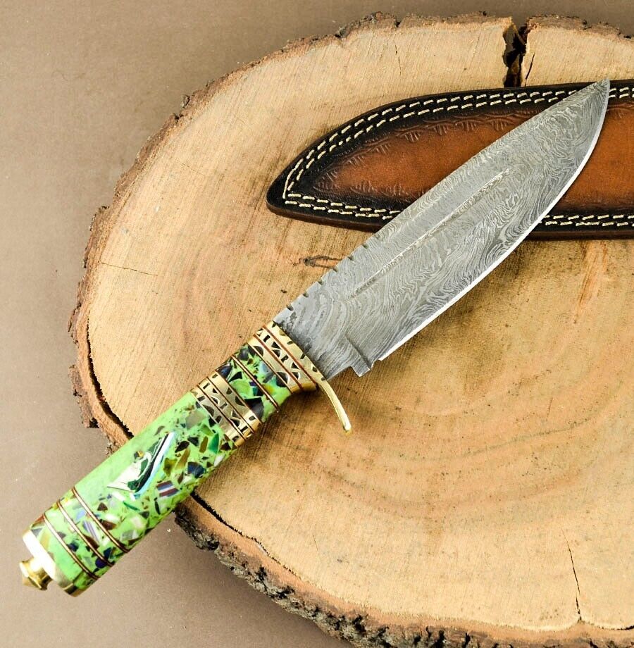 12" Handmade Damascus Steel Bowie Hunting Knife – Resin Handle Luxury EDC