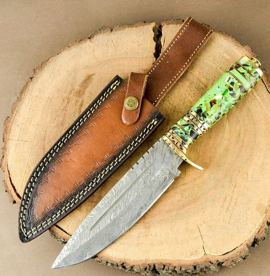 12" Handmade Damascus Steel Bowie Hunting Knife – Resin Handle Luxury EDC