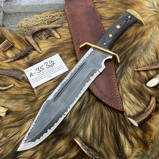 Heritage Forge 16 Inch Carbon Steel Bowie Knife with Fired Pakka Wood Handle for Hunting and Survival