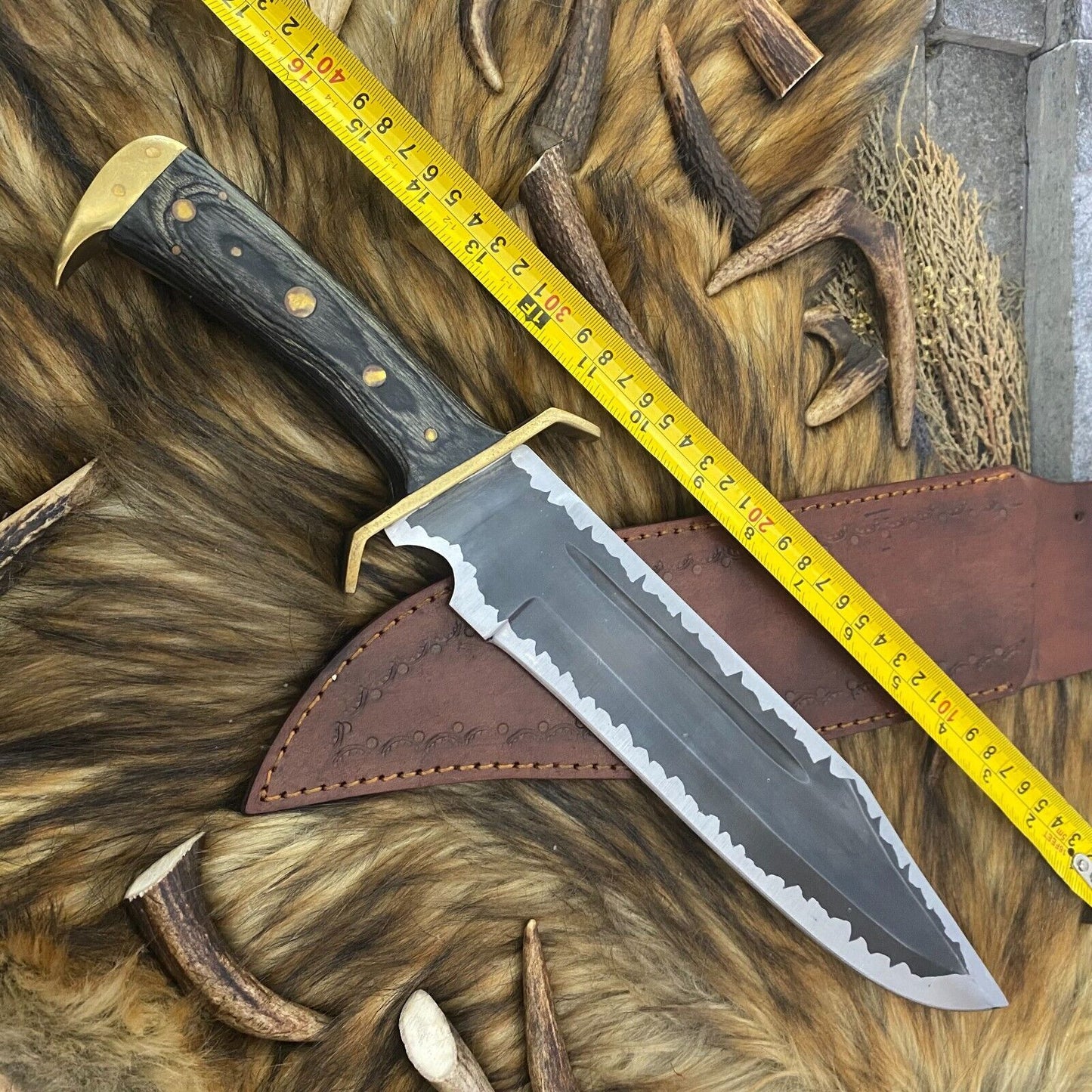 Heritage Forge 16 Inch Carbon Steel Bowie Knife with Fired Pakka Wood Handle for Hunting and Survival