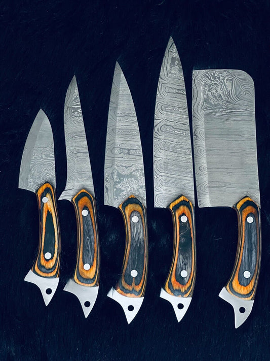 9"-13" Custom Handmade Damascus Steel Chef & Hunting Knife Set