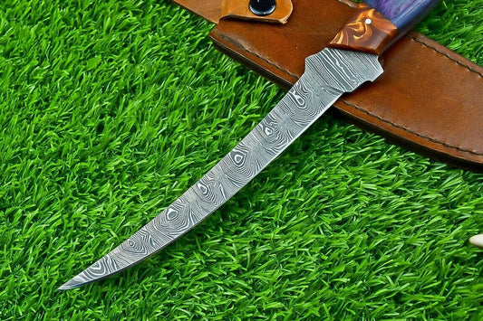 Hand Forged Damascus Steel Fillet Knife – Handmade Kitchen Chef Knife with Resin & Natural Wood Handle, 11.5" Blade