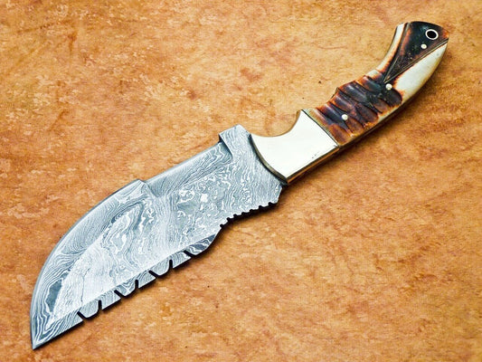 10" Custom Damascus Tracker Bowie Knife – Engraved Camel Bone & Brass Bolster