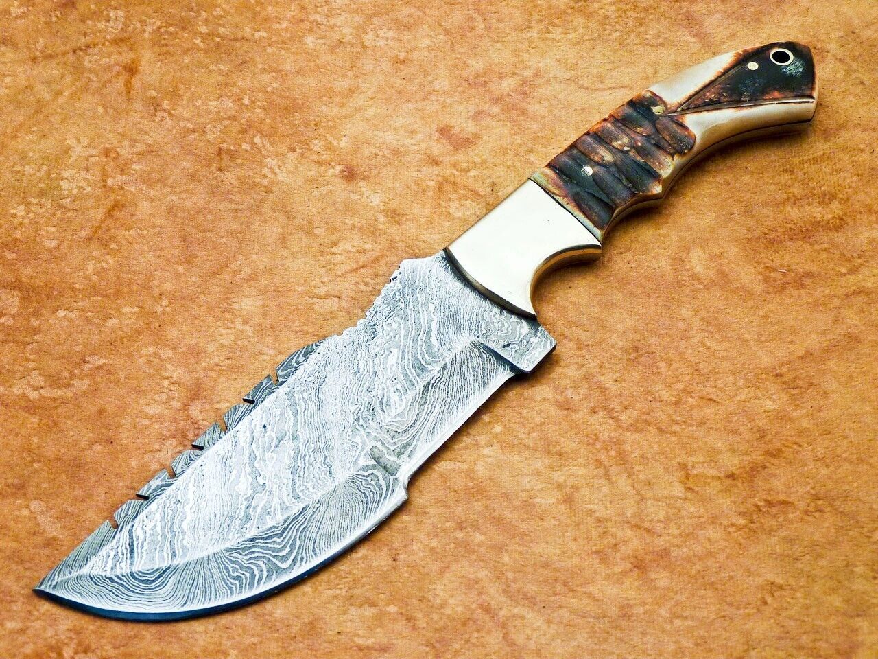 10" Custom Damascus Tracker Bowie Knife – Engraved Camel Bone & Brass Bolster