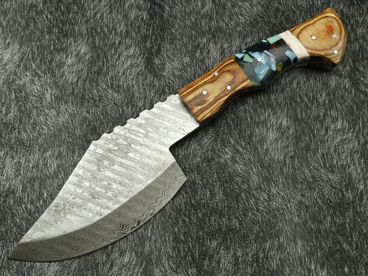 12" Handmade Damascus Steel Survival Bowie Knife – Wood & Resin Handle w/ Sheath