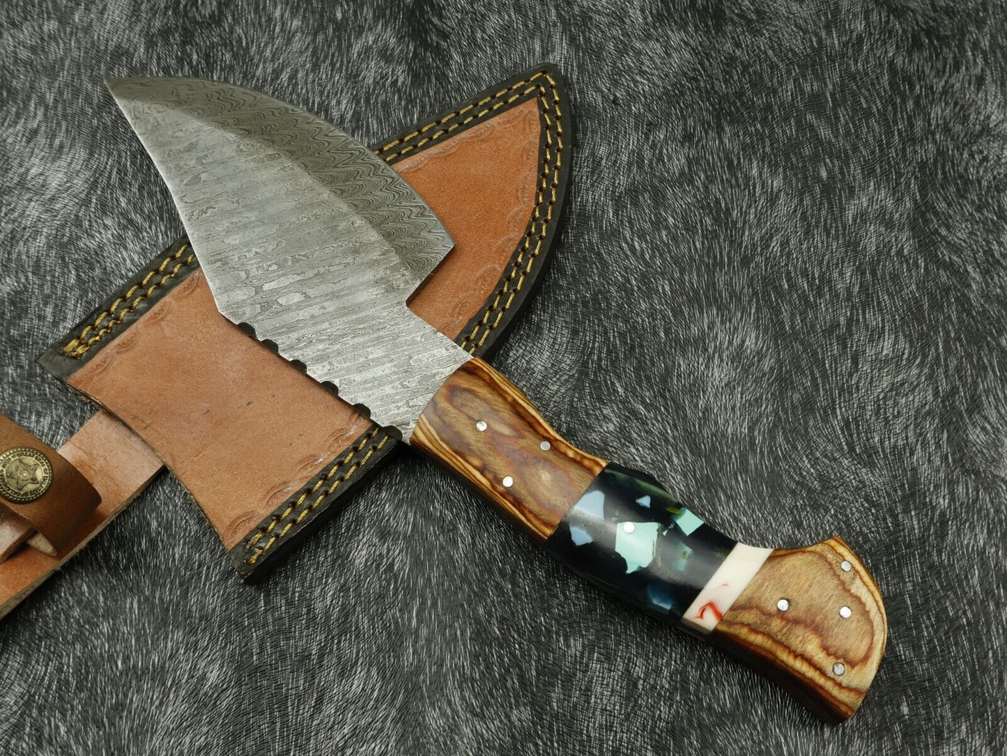 12" Handmade Damascus Steel Survival Bowie Knife – Wood & Resin Handle w/ Sheath